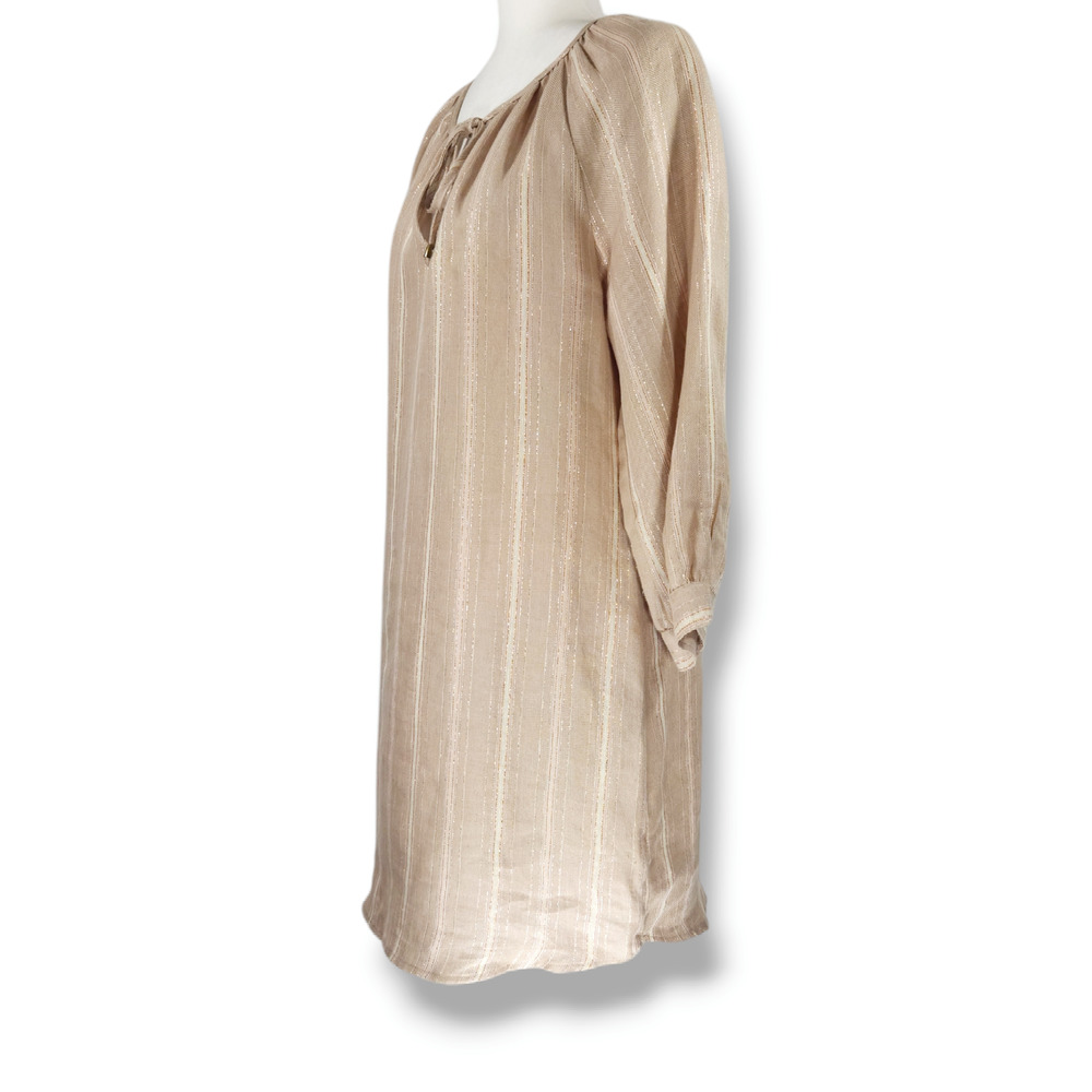 EUC Maven West Made in USA Long Sleeve Linen Stripe Dress Sz. S [2-4] Beige Gold